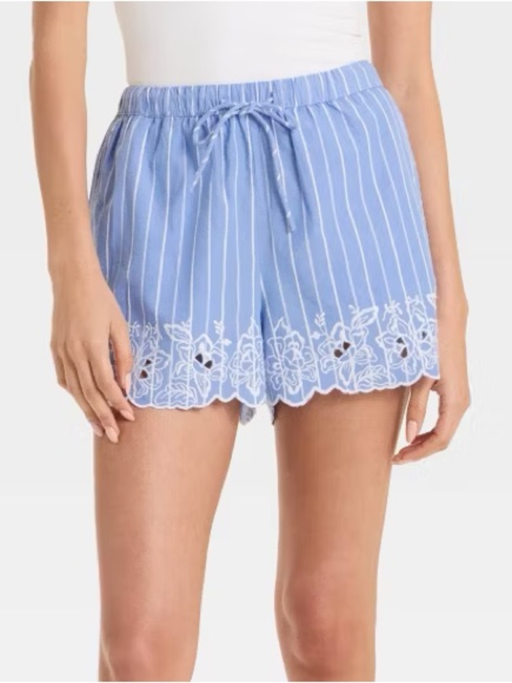 High-Waist Blue Striped Lace-Trim Shorts
